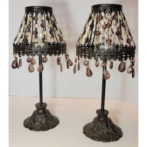 Set Of 2 Metal Candle Holders With Brown Neutral Beaded Shades Floral Design